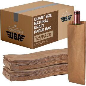 125 Wine Bags for Wine Bottles – 4.5" X 16 X 2.5" Brown Paper Liquor Wine Bottle Bags Bulk | Tall Tumbler Wine Gift Bags – Kraft Bread Baguette Bag – Quart Size Empty Wine Bags Sacks To Go Restaurant