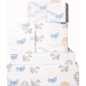 Airplanes Wrapping Paper for Boys - 6 Sheets of Retro Gift Wrap for Him - Hot Air Balloons - Pastel Blue - Planes - Birthday - Bridal Shower - Christmas - For Kids Children - Made in the UK