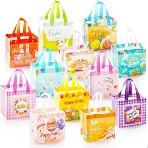 Koncci 12PCS Easter Bags with Handles, Reusable Non-Woven Easter Gift Bags for Kids, for Gifts Wrapping Goodie Treat Egg Hunt Candy Party Supplies