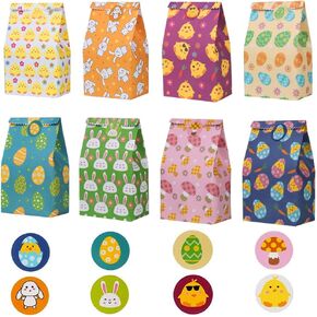 VEYLIN 24Pcs Easter Goodie Paper Bags, Flat Bottom Candy Bags with 32Pieces Circle Sticker for Easter Party Supplies