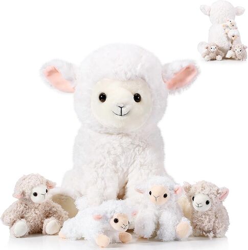 Lenwen 5 Pcs Lamb Stuffed Animal Toys Sets, 14 Inch Mommy Lamb Plush with 4 Cute Babies in Her Zippered Tummy Soft Cuddly Nursery Sheep Plushie for Farm Birthday Baby Shower Easter Gifts(Lovely Style) in Saudi Arabia