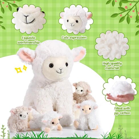 Lenwen 5 Pcs Lamb Stuffed Animal Toys Sets, 14 Inch Mommy Lamb Plush with 4 Cute Babies in Her Zippered Tummy Soft Cuddly Nursery Sheep Plushie for Farm Birthday Baby Shower Easter Gifts(Lovely Style) in Saudi Arabia