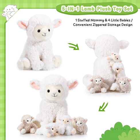 Lenwen 5 Pcs Lamb Stuffed Animal Toys Sets, 14 Inch Mommy Lamb Plush with 4 Cute Babies in Her Zippered Tummy Soft Cuddly Nursery Sheep Plushie for Farm Birthday Baby Shower Easter Gifts(Lovely Style) in Saudi Arabia