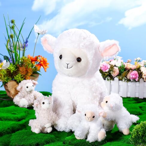 Lenwen 5 Pcs Lamb Stuffed Animal Toys Sets, 14 Inch Mommy Lamb Plush with 4 Cute Babies in Her Zippered Tummy Soft Cuddly Nursery Sheep Plushie for Farm Birthday Baby Shower Easter Gifts(Lovely Style) in Saudi Arabia