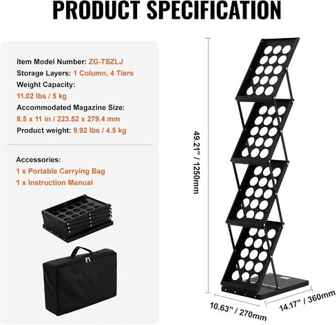 VEVOR Foldable Magazine Display Rack, 4-Tier Brochure Literature Display Stand, Portable Catalog Brochure Holder Stand with Carrying Bag for Office Trade Show Exhibitions, 4 Pockets in Saudi Arabia