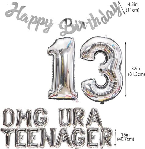 13th Teenager Birthday حفلة عيد ميلاد للبنات الأولاد ، ديكورات عيد الميلاد الثالثة عشر يا إلهي في سن المراهقة البالون عيد ميلاد لافتة Jumbo رقم 13 بالونات رقائق لابنة أبناء عمرها 13 عامًا (الفضة الثالثة عشر) in Kuwait