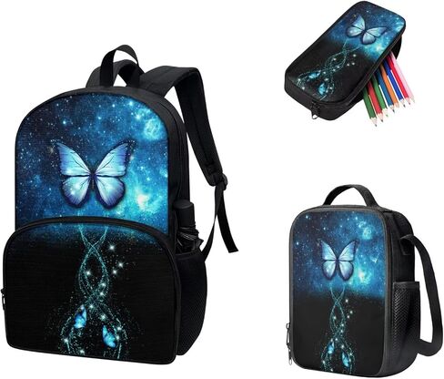 3 Pieces Galaxy Butterfly Backpacks Set For Girls With Lunch Case Shoulder Strap Large Pencil Case With Pen Solt for Women Girls Black Blue Bookbag for School in Kuwait
