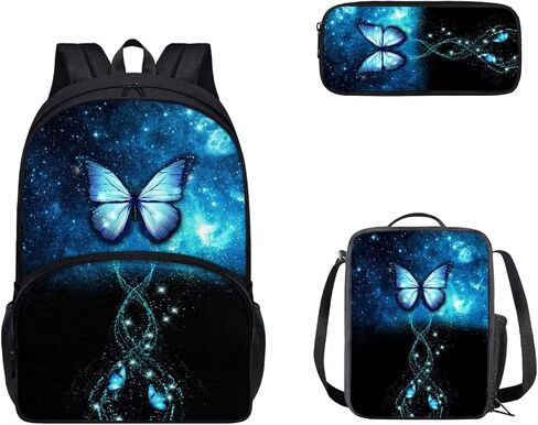 3 Pieces Galaxy Butterfly Backpacks Set For Girls With Lunch Case Shoulder Strap Large Pencil Case With Pen Solt for Women Girls Black Blue Bookbag for School in Kuwait