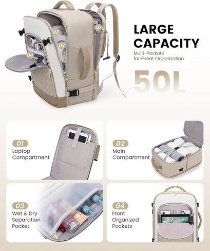 حقائب الظهر LoveVook كبيرة للسفر للنساء ، 50 لتر تحمل على ظهر الطائرة المعتمدة ، حقيبة سفر TSA الشخصية للنساء لتناسب 18 "كمبيوتر محمول ، ومقاوم للماء على أكياس للطائرات مع 3 مكعبات التعبئة ... in Kuwait