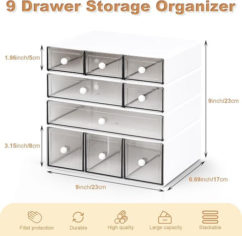 Desk Organizer with 9 Drawers, 4 Tier Plastic Stackable Storage Drawers for Desk Storage, Office Stationary Makeup Organizer Suit for Home, Office and School in Kuwait