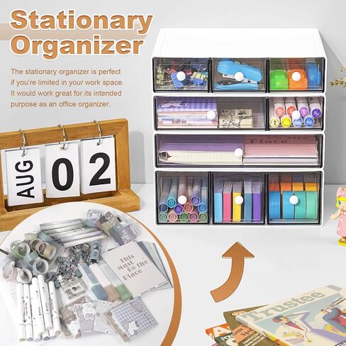 Desk Organizer with 9 Drawers, 4 Tier Plastic Stackable Storage Drawers for Desk Storage, Office Stationary Makeup Organizer Suit for Home, Office and School in Kuwait