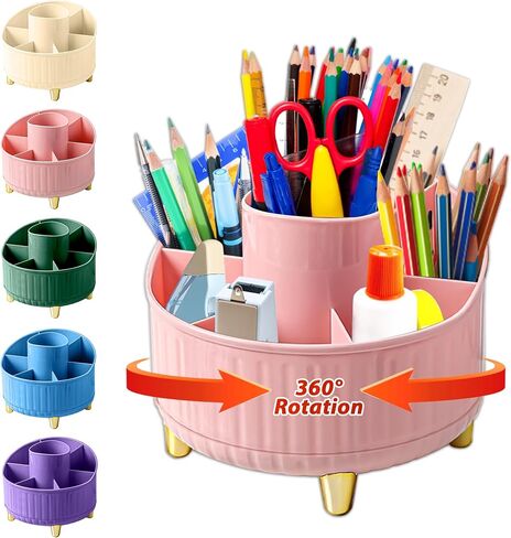 Pencil Holder For Desk,7 Slots 360°Degree Rotating Desk Organizers And Accessories,Desktop Storage Stationery Supplies Organizer, Cute Pencil Cup Pot For Office, School, Home (Pink) in Saudi Arabia