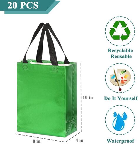 KEYYOOMY 20 Pcs Green Gift Bags with Handles Medium Size- 8x4x10 In Glossy Reusable Gift Bag with Handles- Shiny Holographic Party Favor Bags, Birthday Goodie Bags, Wedding Gift Bag in Saudi Arabia