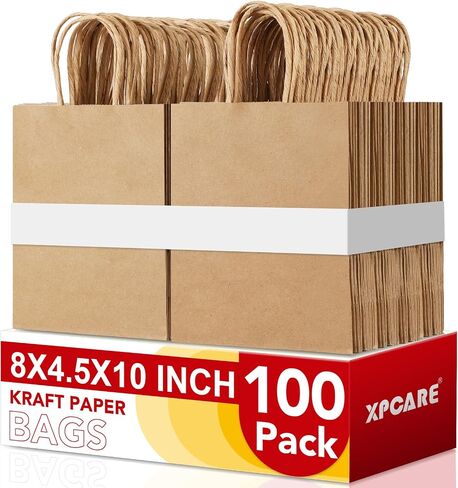 XPCare 100pack حقائب الورق البني 8x4.5x10 بوصة ، هدية ورقية متوسطة كرافت وأكياس البيع بالتجزئة مع مقابض in Kuwait