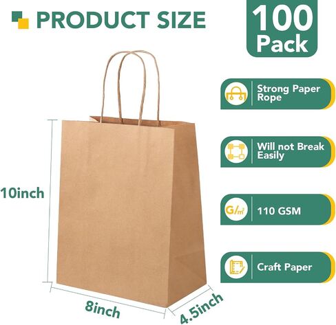 XPCare 100pack حقائب الورق البني 8x4.5x10 بوصة ، هدية ورقية متوسطة كرافت وأكياس البيع بالتجزئة مع مقابض in Kuwait