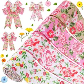 Floral Ribbon 4 Rolls Wired Edge Spring Summer Craft Wired Flower Pattern Decorative Fabric Ribbons for Wreaths Christmas Tree and Gift Wrap 20 Yard x 2.5 Inch(Delicate Style)