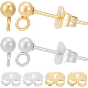 Beebeecraft 1 Box 100Pcs 2 Colors 3mm Ball Post Stud Earring Findings 24K Gold Plated Stainless Steel Round Geometry Post Ear Studs with Loop and 100Pcs Ear Nuts for DIY Jewellery Making
