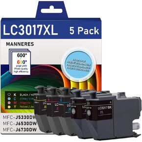 LC3017XL BK/C/M/Y High Yield Ink Cartridges (5-Pack, 2 Black, 1 Cyan, 1 Magenta, 1 Yellow) Replacement for Brother LC3017 XL Ink Cartridge MFC-J5330DW MFC-J6530DW MFC-J6730DW MFC-J6930DW Printer
