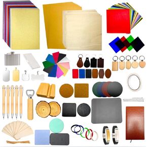 135 PCS Laser Engraving Material Kit, 27 Kinds Laser Engraver Blanks for Laser Crafting, Includes Wood, Acrylic, Fabric, Rock, PU Leather, Diatom Mud Materials