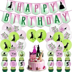 Pink and Green Party Decorations Happy Birthday Banner Cupcake Toppers Cake Topper and Balloons Cute Girls Kid Princess Witch Birthday Party Decorations