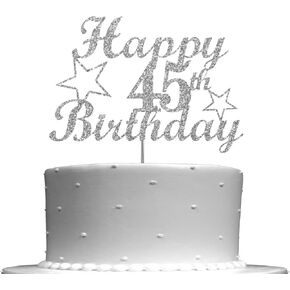 45 Birthday Silver Glitter Cake Topper, Party Decoration Ideas, Premium Quality, Sturdy Doubled Sided Glitter, Acrylic Stick. Made in USA