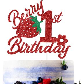Pink Glitter Berry 1st Birthday Cake Topper, It's 1st Birthda/Sweet One/Happy 1st Birthday, Strawberry Themed Baby's 1st Birtdhay Party Decorations Supplies