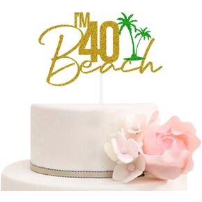 Beach I’m 40 Cake Topper, Happy 40th Birthday Party Decorations, Beach Theme Glitter Forty Years Old Birthday Party Decorations Supplies Gold & Green