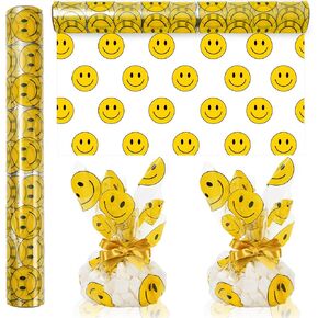 Whaline Smile Pattern Cellophane Wrap Roll 100ft x 16 In 2.5Mil White Yellow Cellophane Paper Crystal Clear Cello Wrapping Paper for Treats Gifts Basket Party Favor