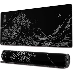 Ovenbird Gaming Mouse Pad with Stitched Edges, Japanese Sea Wave Large Mouse Pad, Extended XL Anime Mousepad Gaming with Anti-Slip Base, Cool Black and White Mouse Pad for Desk, 31.5 x 11.8 in, Black