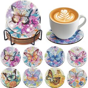 Sitsink Butterfly Diamond Art Coasters - 8 Pcs Diamond Painting Coasters Kits with Holder, Watercolor Flower Butterfly Gem Crafts Diamond Art Kits for Beginners Adults