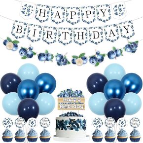 Kreatwow Blueberry Birthday Party Decorations Blueberry Happy Birthday Banner Cake Topper Cupcake Toppers Blueberry Garland for Fruit Theme Birthday Party Decorations Summer Birthday Decorations