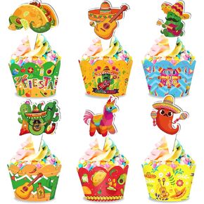 40 Sets of Mexican Fiesta Cupcake Wappers and Cupcake Toppers, Cartoon Cactus Cupcake Decorative Cup Holder for Birthday Party, Mexican Fiesta Decorations