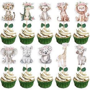 RSSTARXI 40 حزمة Jungle Safari Cupcake Cupcake Toppers Koala Elephant Lion Cupcake يختار تمساحًا قردًا أطفالًا للحيوانات الكعكة للحيوانات البرية عيد ميلاد استحمام الطفل اللوازم