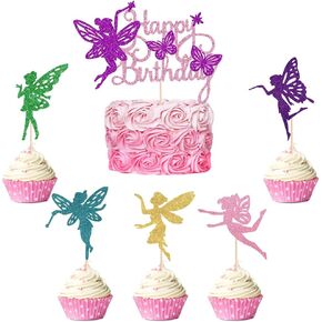 21 PCS Glitter Fairy Cake Topper Fairy Cupcake Toppers Fairy Happy Birthday Cake Topper Flower Fairy Cupcake Toppers Angel Fairy Cake Picks for Birthday Party Decoration