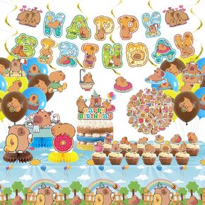 Capybara Birthday Party Decorations - Capybara Party Supplies including Happy Birthday Banner, Spirals, Cake Toppers, Table Centerpieces, Balloons, Stickers, Tablecloth