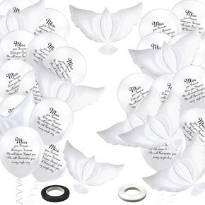 50 PCS White Memorial Balloons Set with 40 PCS White Memorial Balloons 8 PCS Peace Dove Balloons 2 Rolls of Ribbons Funeral Remembrance Balloons for Condolence Funeral Anniversary Memorial Services
