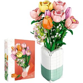 Flowers Bouquet Building Set with Vase - 1011 PCS Bricks Blocks Toy for Adults & Kids, Tulips & Roses Artificial Flowers Botanical Collection, Gifts for Christmas, Mother's Day