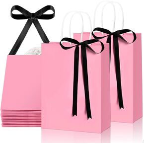 LIANGMIDA 25 Pcs Coquette Pink Black Goodie Gift Bags Paper Cute Bow Birthday Idea Party Favors with Handles Candy Bags for Birthday Bridal Shower Baby Shower 8.2 x 5.9 x 3.1 In
