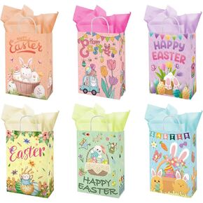 24pcs Happy Easter Gift Bags with 36pcs Purple Green Yellow Pink Tissue Paper, Goodie Bags, Gift Egg Container, Easter Candy Bags, Gift Bags for Kids, Treat Bags for Egg Hunt, Birthday Party Decor