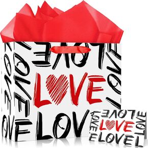 MDCGFOD 13" Valentines Gift Bags with Tissue Paper and Card, Valentine Day Gift Bag for Kids and Adults, Love Heart Treat Wrapping Bags for Valentines Day Wedding Anniversary Party Favors Supplies