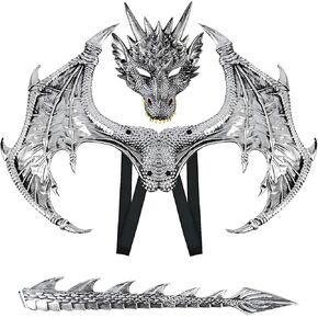 Alodidae Dragon Costumes Set Devil Wings Demon Tail Dino Mask for Halloween Masquerade Party Cosplay (Silver)