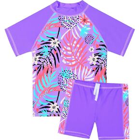 TFJH E Girls Short Sleeve Swimsuit Two Piece Swimwear UPF 50+ UV 3-12 Years