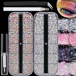Colorful Face Gems Kit with Makeup Glue, 2-6mm AB+Clear Glass Round Flatback Crystal + 2-5mm Multi-color Resin Rhinestones for Hair Eye Makeup Body Art Manicure DIY Crafts With Dot-Brush Pen, Tools