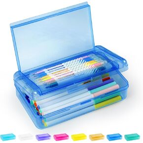 Sooez Double Layer Pencil Box, Large Hard Pencil Case Organizer, Clear Plastic Crayon Box for Girls and Boys, Colored Marker Organizer, Small Plastic Containers/Bins with Lids, Art Supply Storage