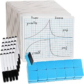 7Penn Small Dry Erase Board with Grid Lines - 25 Pack of Classroom White Boards for Students with Erasers, Markers - Personal Size Double Sided White Boards for Students to Practice Math, Handwriting