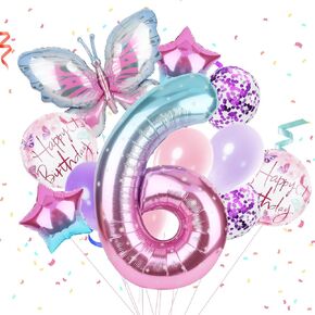 Butterfly Balloons 6th Birthday Decorations Gradient Pink Purple Colorful Butterfly Foil Mylar Balloons Large Big Number 6 Balloons for Girls 6 Years Old Butterfly Theme Birthday Party Supplies Decor