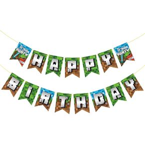 Pre-Strung Game Theme Happy Birthday Banner - NO DIY - Video Gaming Pixel Party Decoration Favors Background Photo Props Birthday Party Supplies Birthday Garland Pennant Hanging Wall Decor for Boys Girls