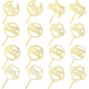 16 Pcs Gold Happy Birthday Cake Toppers Glitter Bling Dessert Toppers Acrylic Double-Sided Cake Decoration for Children or Adults Party Supplies