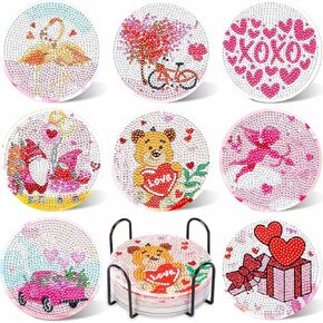 Upins 8pcs عيد الحب Diamond Art Painting Coasters للمشروبات DIY Life Coaster Atties Diamond Art Kits للبالغين أطفال المبتدئين