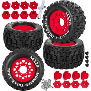 RC MX28 2.8" Truck Tires Wheel for 1/10 Big Rock Granite Vortek 3s/Stampede Rustler RC Car,RC Wheels Tires w/12mm/14mm Replaceable Hex.Red(4PCS)